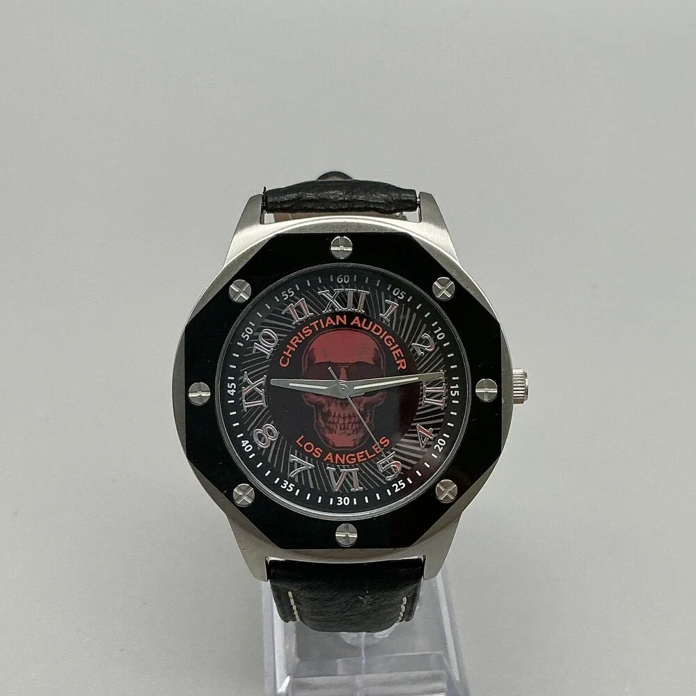 Christian Audigier Mens Watch 46mm Black Red Skull Dial Leather New Battery